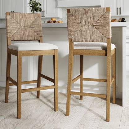 Tabouret de bar Beacon Bohemian Boucle, chaise de comptoir rembourrée avec cadre en bois massif et dossier en jonc tressé.