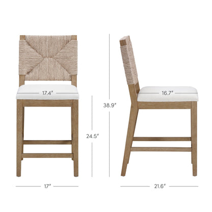 Tabouret de bar Beacon Bohemian Boucle, chaise de comptoir rembourrée avec cadre en bois massif et dossier en jonc tressé.