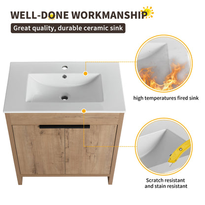 Meuble-lavabo de salle de bain Beingnext 24/30/36 avec lavabo, meuble-lavabo de salle de bain autoportant avec porte à fermeture amortie et étagère réglable