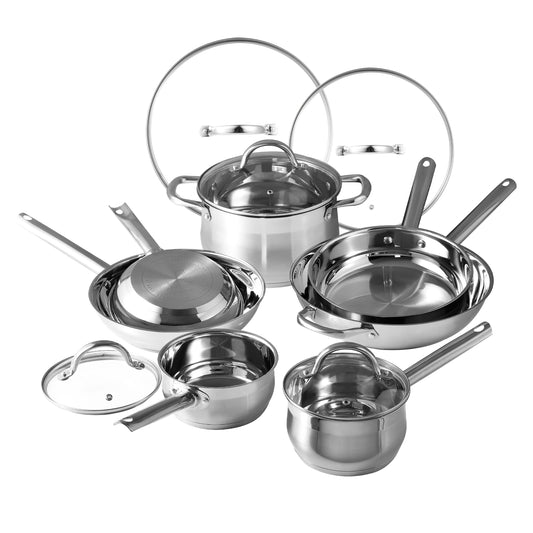 Ensemble de 12 pièces en acier inoxydable Bergner, compatible avec le lave-vaisselle et l'induction.