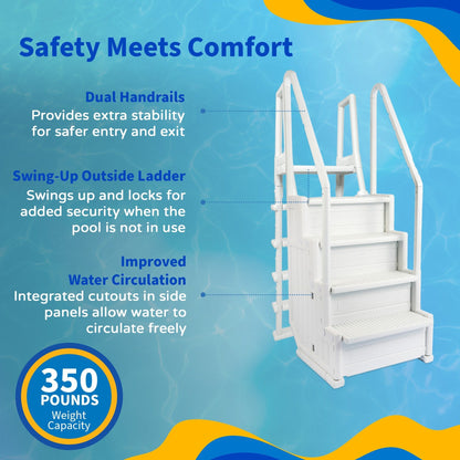 Escalier de piscine Blue Wave Easy Step avec échelle extérieure pour piscines hors sol - 82,5 cm L x 142,2 cm P x 205,7 cm H