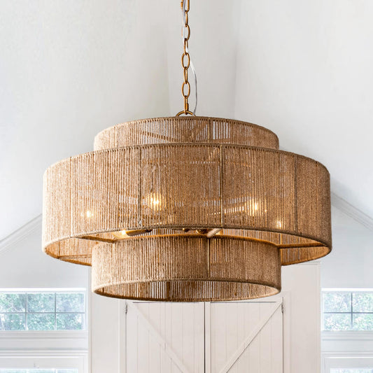 Suspension à plusieurs niveaux en forme de tambour, en corde de chanvre brun bohémien - 23,62 L x 15,16 H (en pouces)