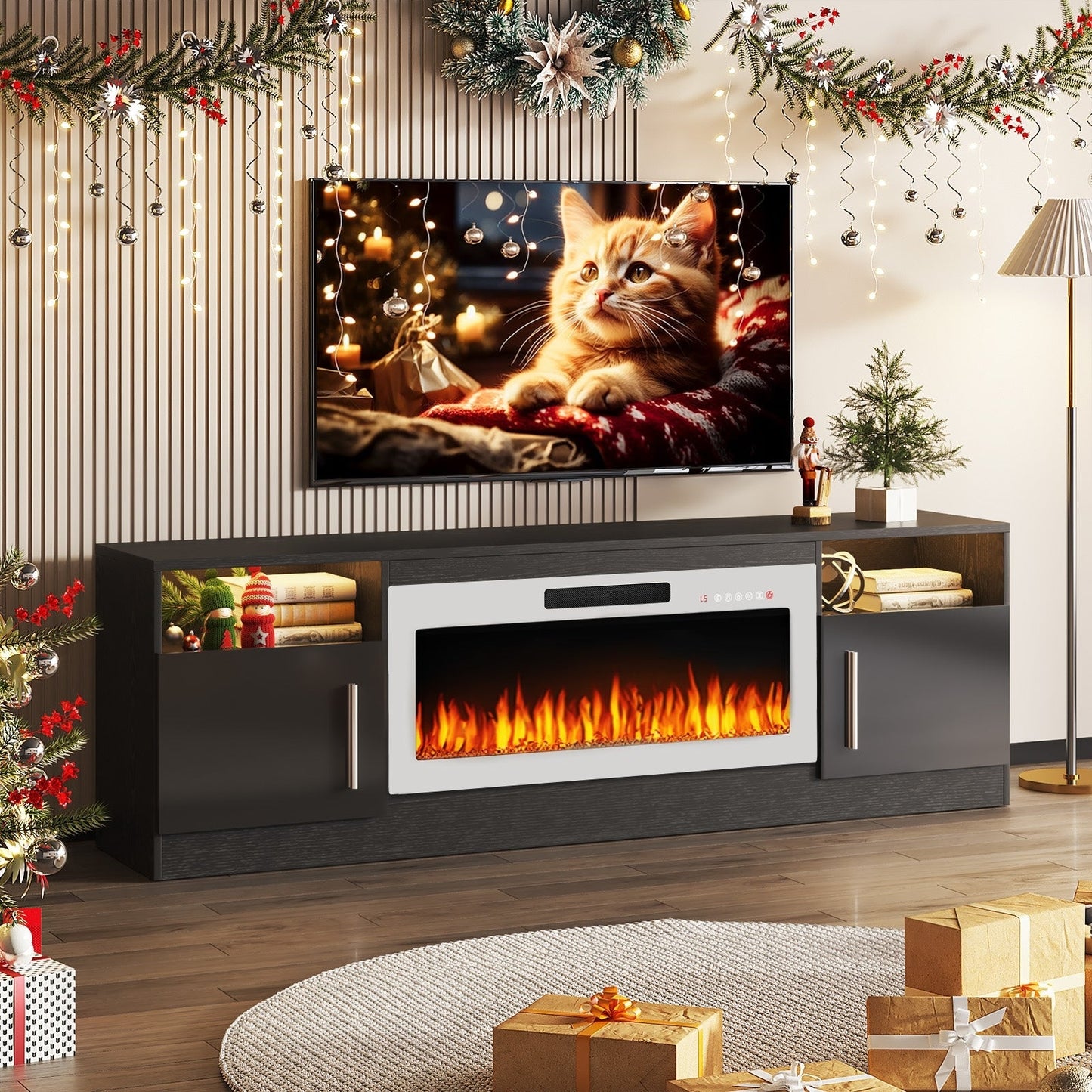 Meuble TV avec foyer électrique Bossin 70, foyer électrique de 36 pouces, meuble TV pour téléviseurs jusqu'à 80 pouces, éclairage LED à 16 couleurs/centre de divertissement