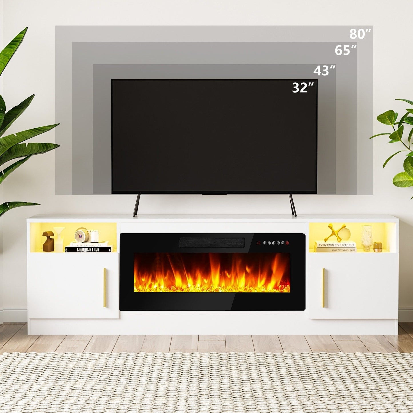 Meuble TV avec foyer électrique Bossin 70, foyer électrique de 36 pouces, meuble TV pour téléviseurs jusqu'à 80 pouces, éclairage LED à 16 couleurs/centre de divertissement