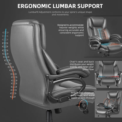 Chaise de bureau executive Bossin pour personnes de grande taille et fortes, 227 kg, avec support lombaire réglable, chaise ergonomique à dossier haut en cuir PU pour ordinateur.