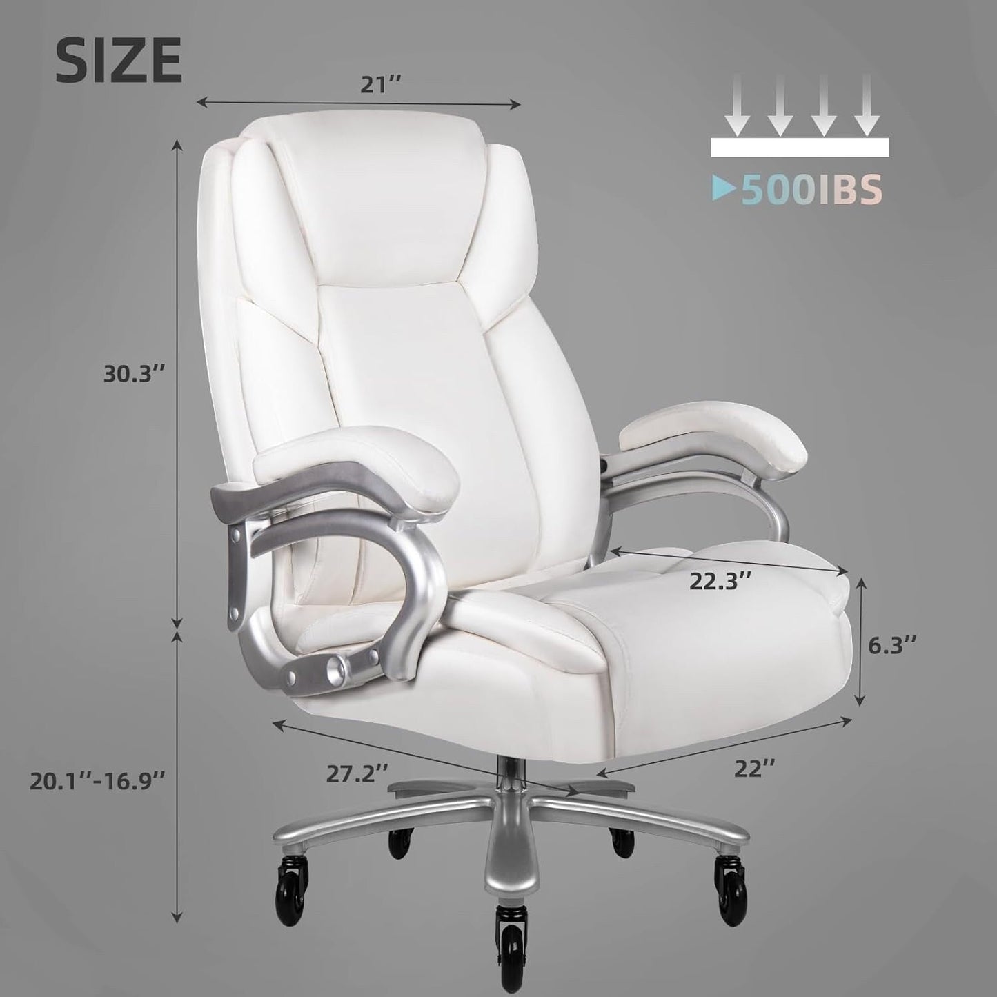 Chaise de bureau executive Bossin pour personnes de grande taille et fortes, 227 kg, avec support lombaire réglable, chaise ergonomique à dossier haut en cuir PU pour ordinateur.