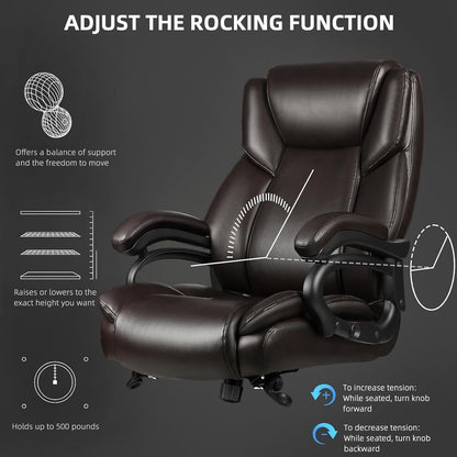 Chaise de bureau executive Bossin pour personnes de grande taille et fortes, 227 kg, avec support lombaire réglable, chaise ergonomique à dossier haut en cuir PU pour ordinateur.