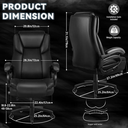 Chaise de bureau executive Bossin pour personnes de grande taille et fortes, 227 kg, avec support lombaire réglable, chaise ergonomique à dossier haut en cuir PU pour ordinateur.