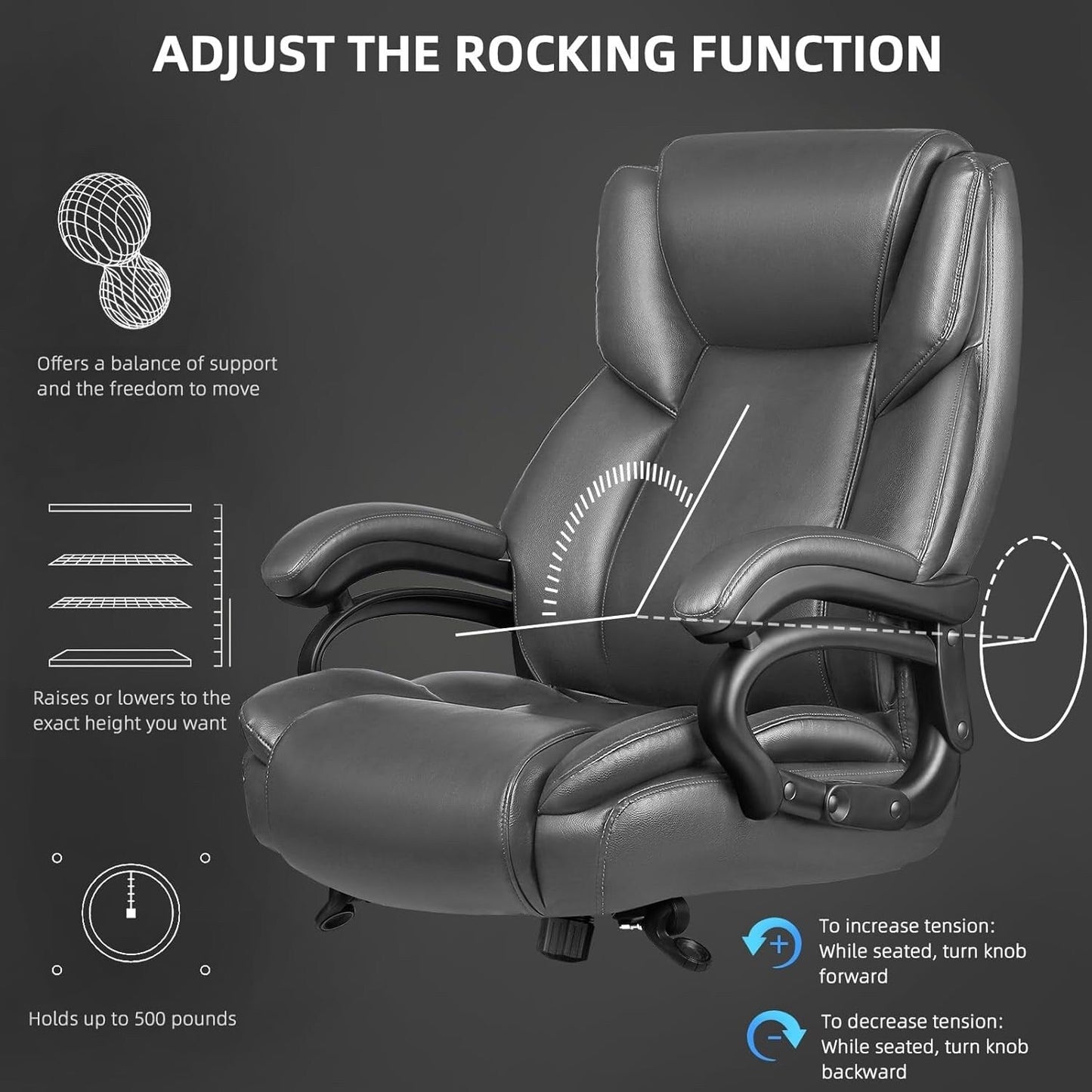 Chaise de bureau executive Bossin pour personnes de grande taille et fortes, 227 kg, avec support lombaire réglable, chaise ergonomique à dossier haut en cuir PU pour ordinateur.