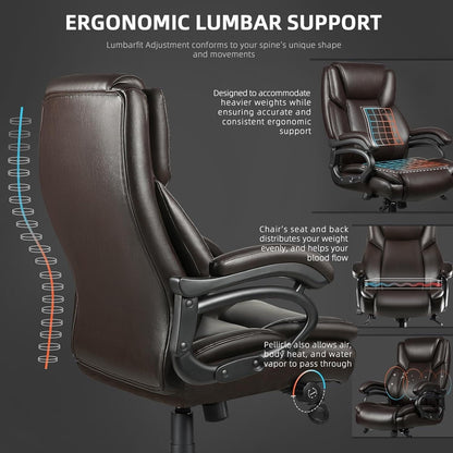 Chaise de bureau executive Bossin pour personnes de grande taille et fortes, 227 kg, avec support lombaire réglable, chaise ergonomique à dossier haut en cuir PU pour ordinateur.