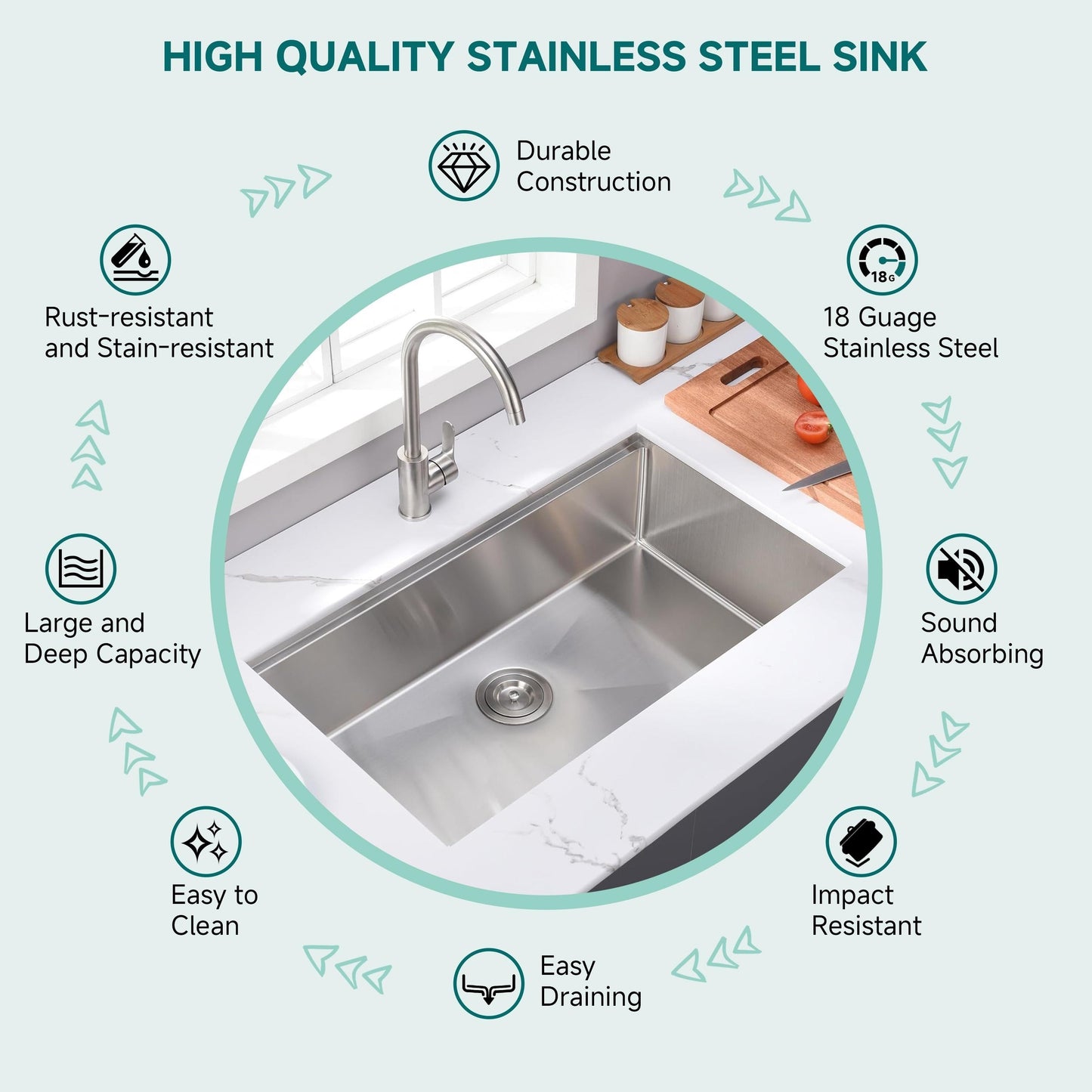 Évier de cuisine à encastrer CB HOME 32'' en acier inoxydable doré, évier de cuisine à encastrer noir/acier inoxydable, évier de cuisine simple avec accessoires