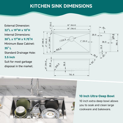 Évier de cuisine à encastrer CB HOME 32'' en acier inoxydable doré, évier de cuisine à encastrer noir/acier inoxydable, évier de cuisine simple avec accessoires