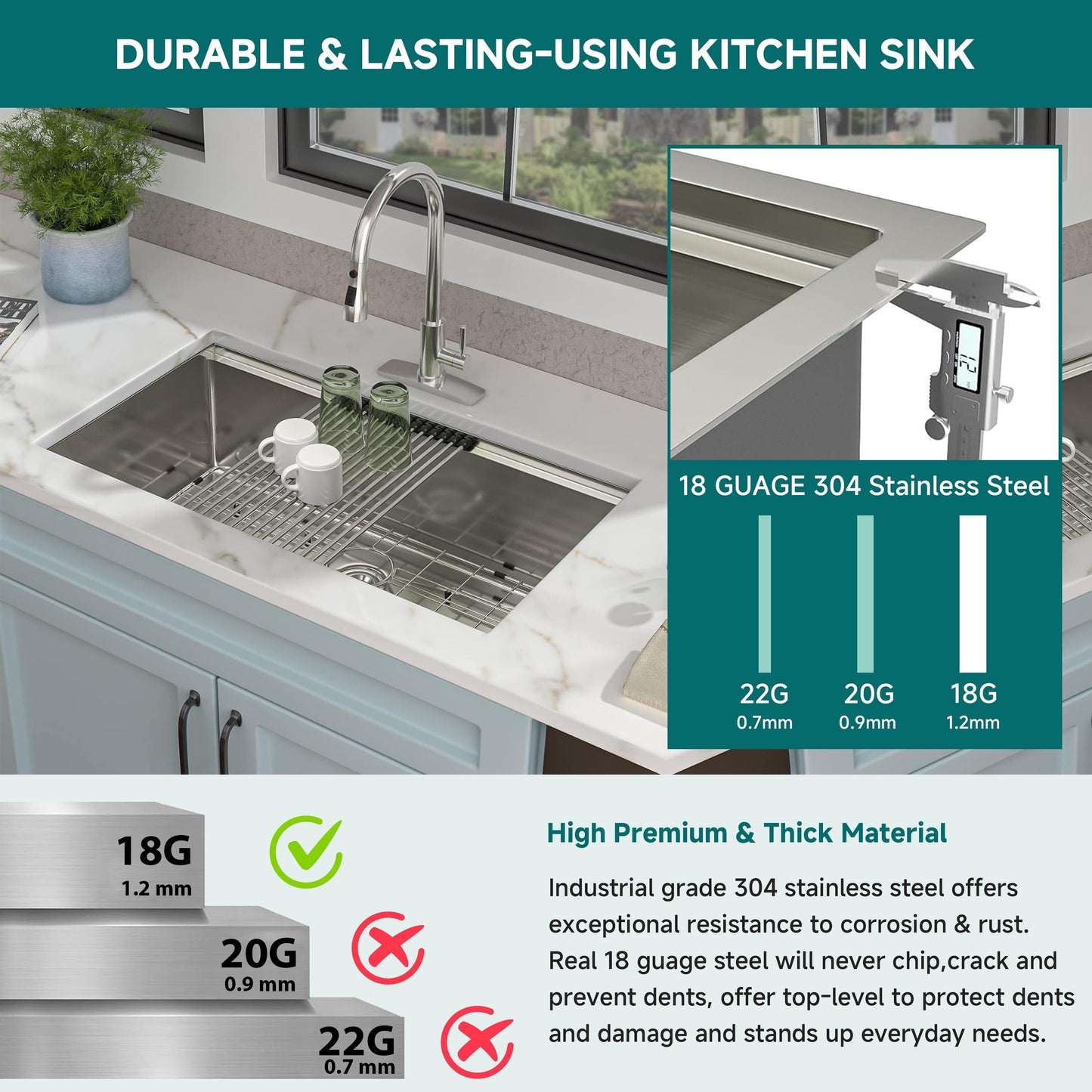 Évier de cuisine à encastrer CB HOME 32'' en acier inoxydable doré, évier de cuisine à encastrer noir/acier inoxydable, évier de cuisine simple avec accessoires