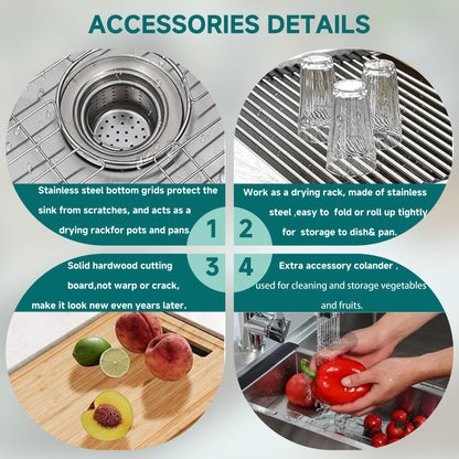Évier de cuisine à encastrer CB HOME 32'' en acier inoxydable doré, évier de cuisine à encastrer noir/acier inoxydable, évier de cuisine simple avec accessoires