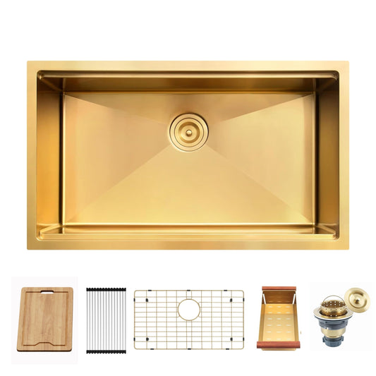 Évier de cuisine à encastrer CB HOME 32'' en acier inoxydable doré, évier de cuisine à encastrer noir/acier inoxydable, évier de cuisine simple avec accessoires