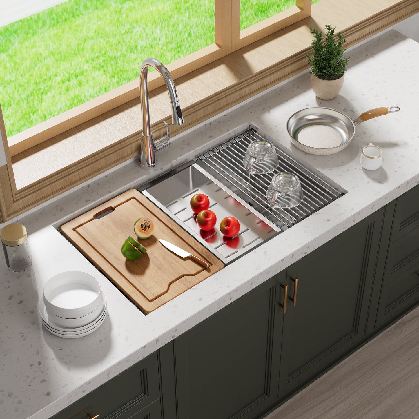 Évier de cuisine à encastrer CB HOME 32'' en acier inoxydable doré, évier de cuisine à encastrer noir/acier inoxydable, évier de cuisine simple avec accessoires