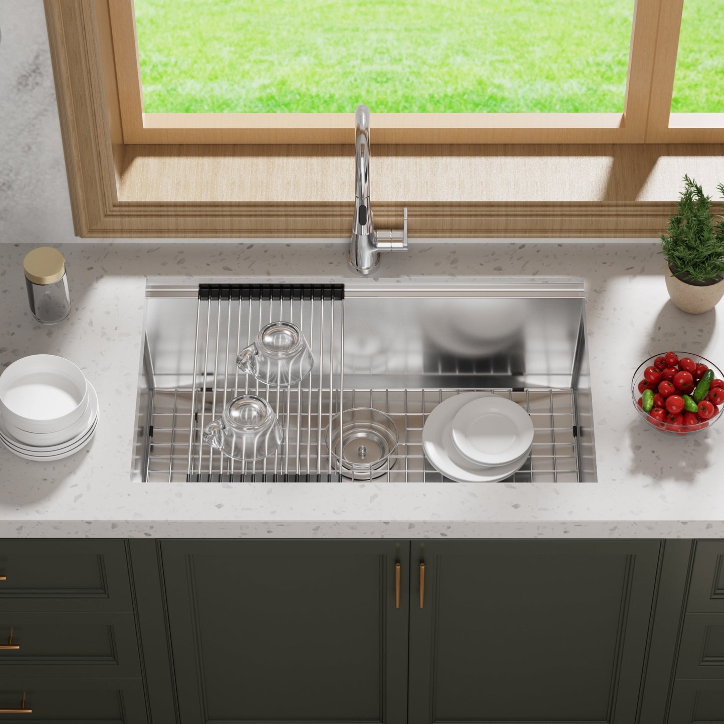 Évier de cuisine à encastrer CB HOME 32'' en acier inoxydable doré, évier de cuisine à encastrer noir/acier inoxydable, évier de cuisine simple avec accessoires