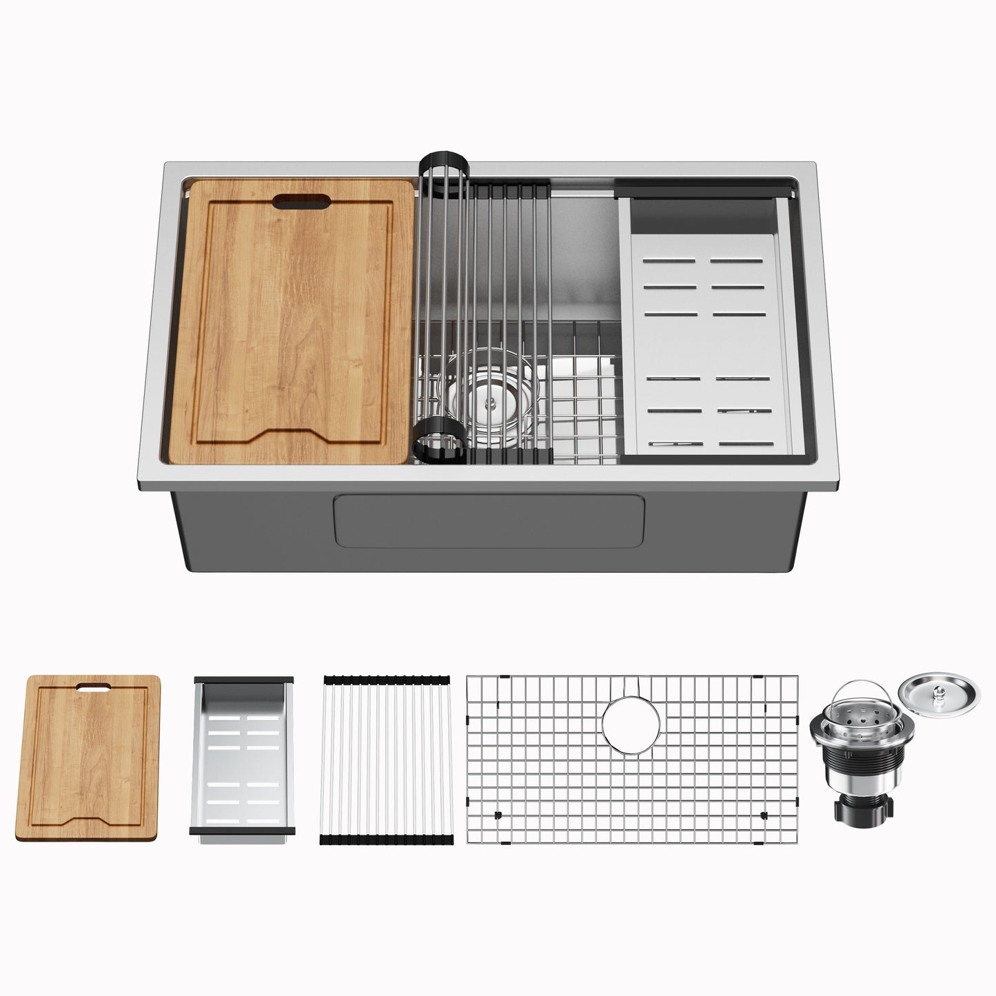 Évier de cuisine à encastrer CB HOME 32'' en acier inoxydable doré, évier de cuisine à encastrer noir/acier inoxydable, évier de cuisine simple avec accessoires