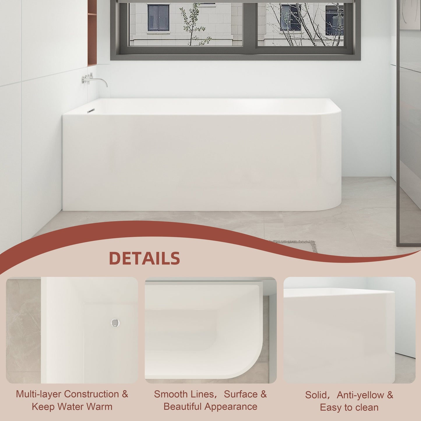 Baignoires autoportantes en acrylique CB HOME 59''/67'', baignoires à trempage à côté unique contre le mur, trop-plein gauche/droite