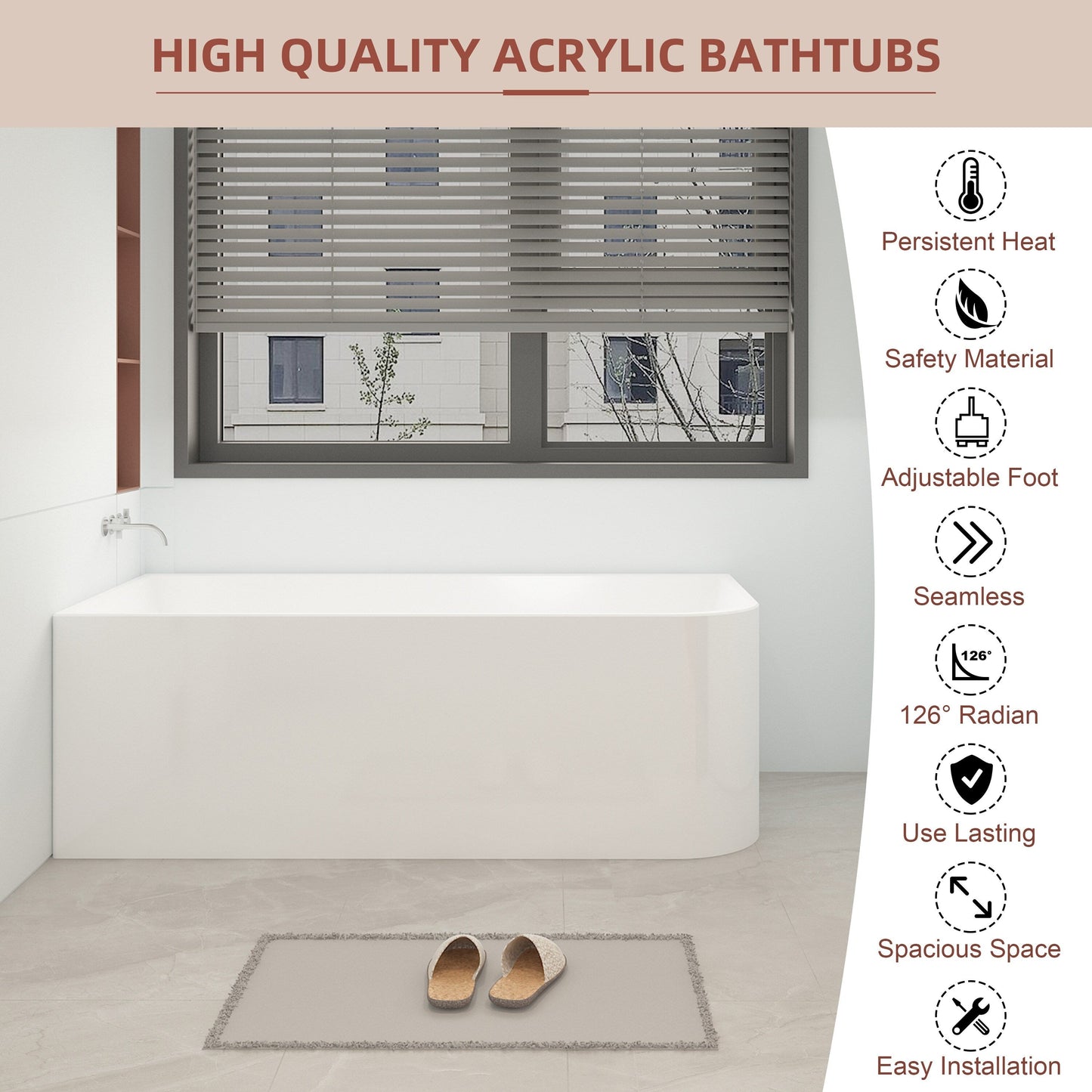 Baignoires autoportantes en acrylique CB HOME 59''/67'', baignoires à trempage à côté unique contre le mur, trop-plein gauche/droite