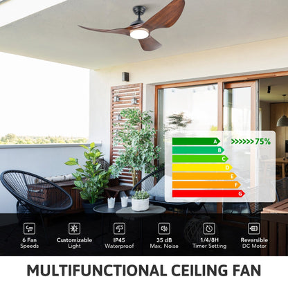 Ventilateur de plafond LED CO-Z 52 pouces pour extérieur, étanche, avec éclairage à intensité variable et télécommande.