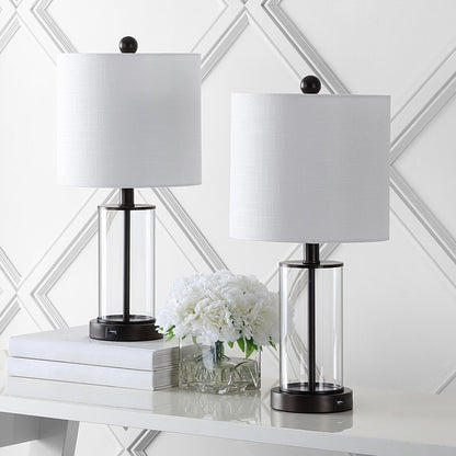 Lampe de table LED Cabell 21 en verre, moderne et contemporaine, avec port de charge USB, bronze vieilli (lot de 2) par JONATHAN Y