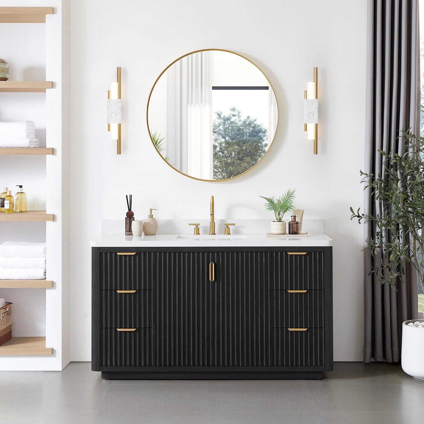Meuble-lavabo Cadiz avec plan de toilette en pierre composite, sans miroir