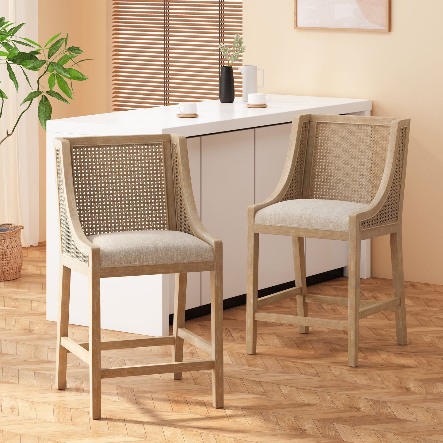 Christopher Knight Home Cataldo Tabourets de comptoir en bois et rotin avec revêtement en tissu, 65 cm (lot de 2)
