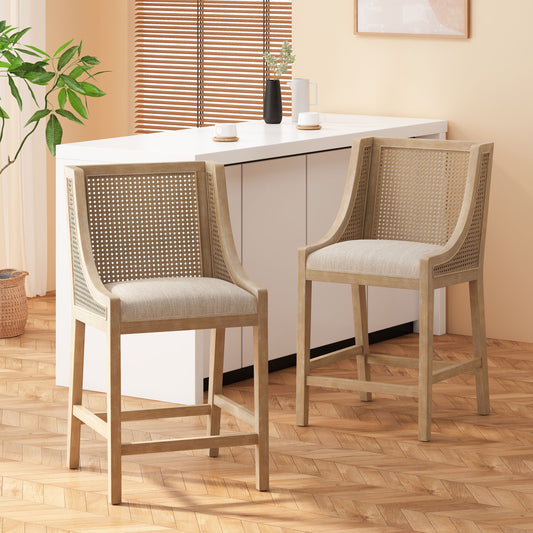 Christopher Knight Home Cataldo Tabourets de comptoir en bois et rotin avec revêtement en tissu, 65 cm (lot de 2)
