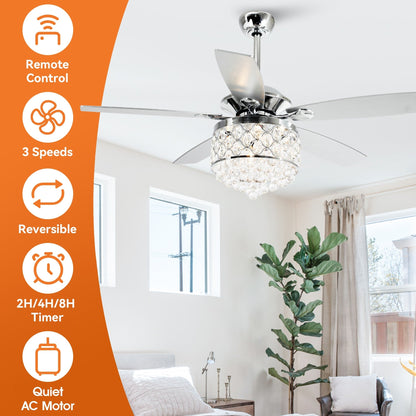 Luminaire suspendu/ventilateur de plafond à 4 lumières en chrome et cristal avec télécommande