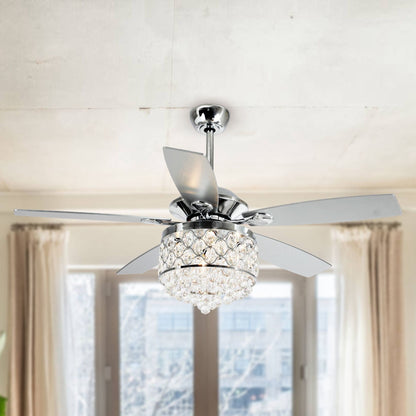 Luminaire suspendu/ventilateur de plafond à 4 lumières en chrome et cristal avec télécommande