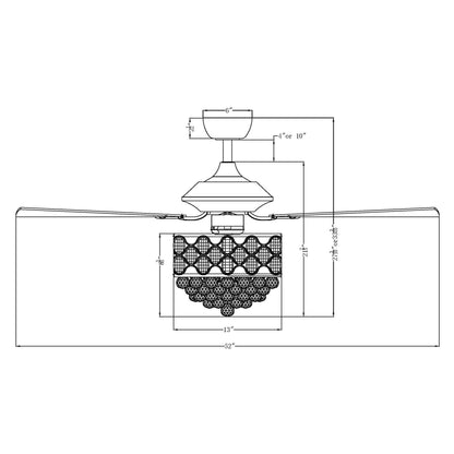 Luminaire suspendu/ventilateur de plafond à 4 lumières en chrome et cristal avec télécommande