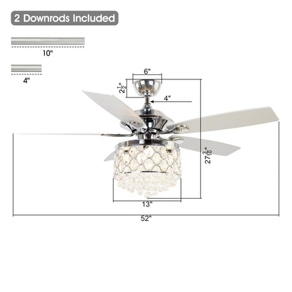 Luminaire suspendu/ventilateur de plafond à 4 lumières en chrome et cristal avec télécommande