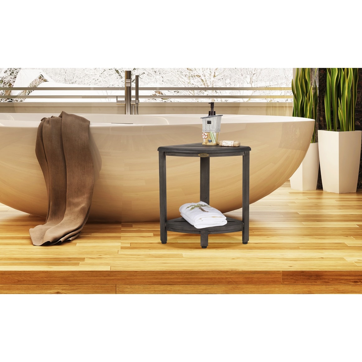 CoastalVogue, Étagère de douche d'angle en teck, Tabouret de douche pour se raser les jambes, Tabouret de douche pour les pieds, Tabouret de douche en teck, Tabouret de douche d'angle