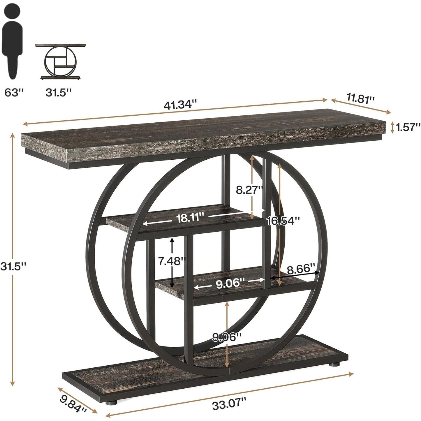 Table console pour entrée, table d'appoint industrielle à 4 niveaux pour derrière le canapé