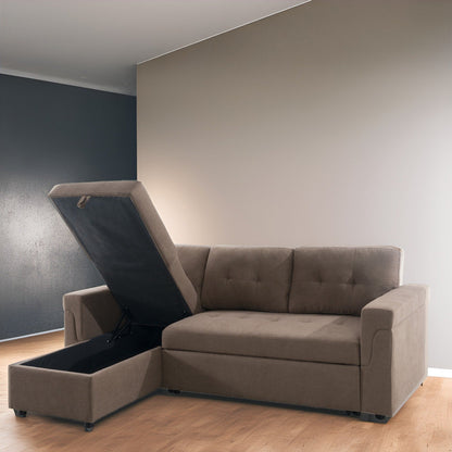 Canapé d'angle convertible et réversible avec lit escamotable, chaise longue avec rangement intégré et pieds robustes.