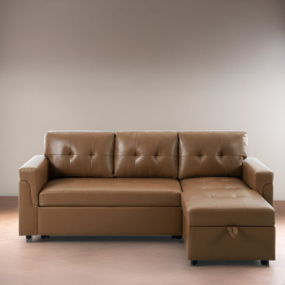Canapé d'angle convertible et réversible avec lit escamotable, chaise longue avec rangement intégré et pieds robustes.