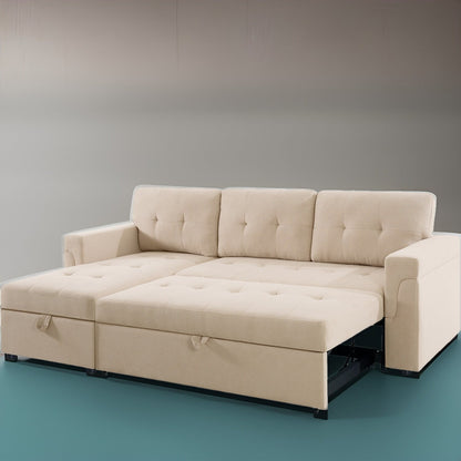 Canapé d'angle convertible et réversible avec lit escamotable, chaise longue avec rangement intégré et pieds robustes.