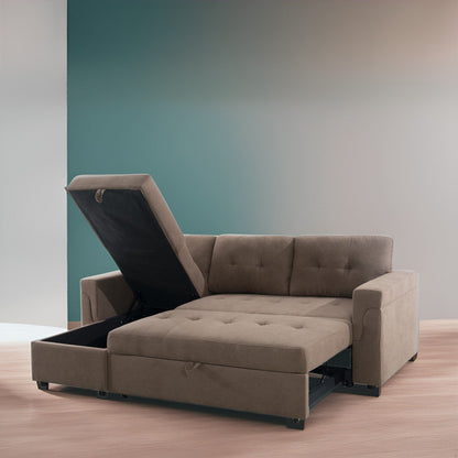 Canapé d'angle convertible et réversible avec lit escamotable, chaise longue avec rangement intégré et pieds robustes.