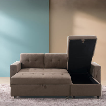 Canapé d'angle convertible et réversible avec lit escamotable, chaise longue avec rangement intégré et pieds robustes.