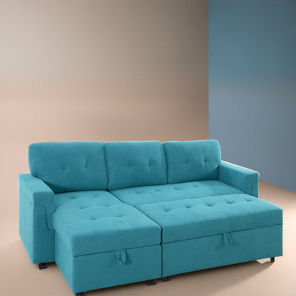 Canapé d'angle convertible et réversible avec lit escamotable, chaise longue avec rangement intégré et pieds robustes.