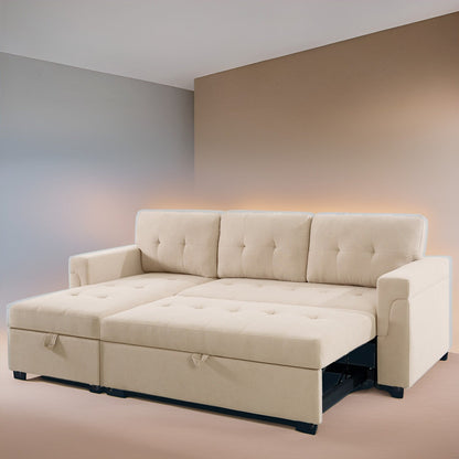 Canapé d'angle convertible et réversible avec lit escamotable, chaise longue avec rangement intégré et pieds robustes.