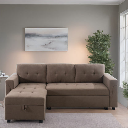 Canapé d'angle convertible et réversible avec lit escamotable, chaise longue avec rangement intégré et pieds robustes.