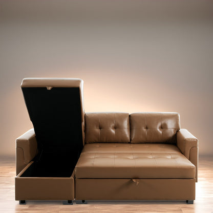 Canapé d'angle convertible et réversible avec lit escamotable, chaise longue avec rangement intégré et pieds robustes.