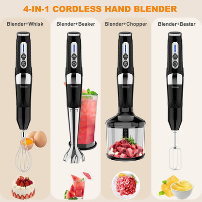Mixeur à main sans fil : Mixeur plongeant rechargeable USB 4-en-1, 21 vitesses variables et réglable à 3 angles avec hachoir de 700 ml