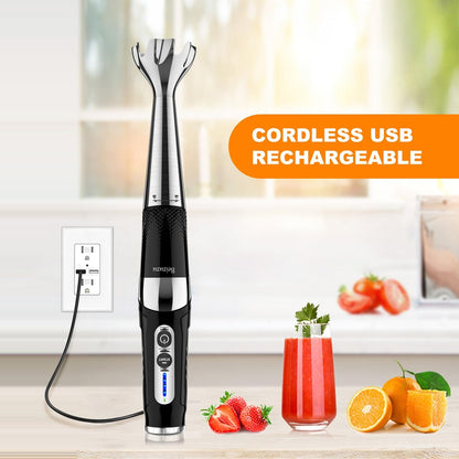 Mixeur à main sans fil : Mixeur plongeant rechargeable USB 4-en-1, 21 vitesses variables et réglable à 3 angles avec hachoir de 700 ml