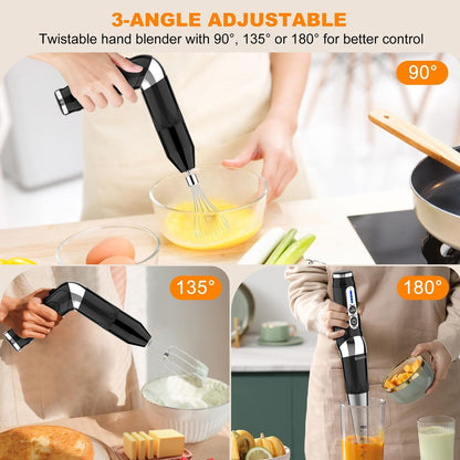 Mixeur à main sans fil : Mixeur plongeant rechargeable USB 4-en-1, 21 vitesses variables et réglable à 3 angles avec hachoir de 700 ml