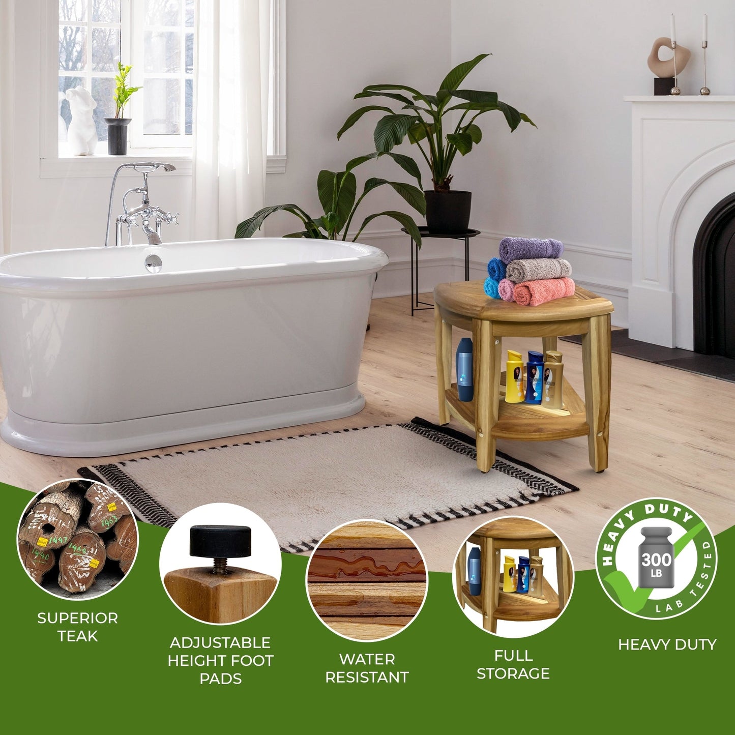 EcoDecors, Snazzy Corner, Banc de douche en teck, Tabouret de douche en teck, Tabouret de douche d'angle, Banc de douche d'angle en teck, Avec étagère