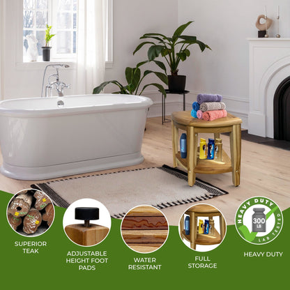 EcoDecors, Snazzy Corner, Banc de douche en teck, Tabouret de douche en teck, Tabouret de douche d'angle, Banc de douche d'angle en teck, Avec étagère