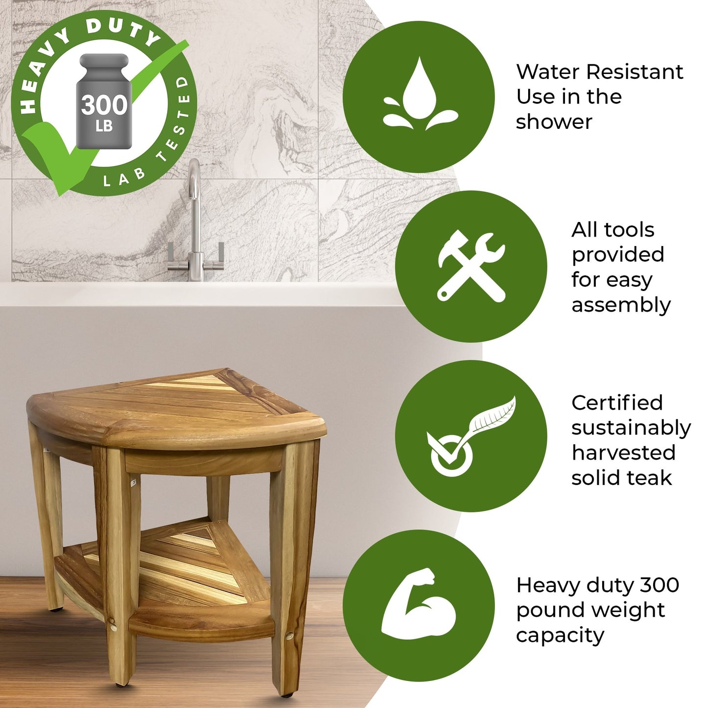 EcoDecors, Snazzy Corner, Banc de douche en teck, Tabouret de douche en teck, Tabouret de douche d'angle, Banc de douche d'angle en teck, Avec étagère